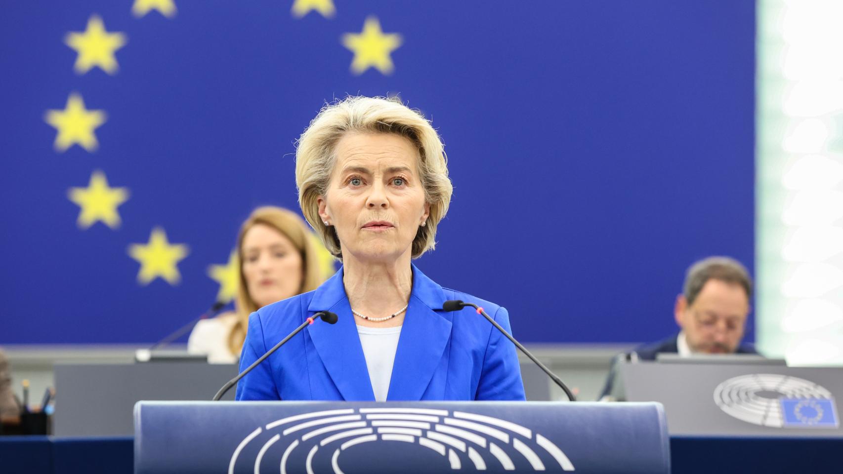 La presidenta Ursula von der Leyen, durante el debate sobre Oriente Próximo en la Eurocámara