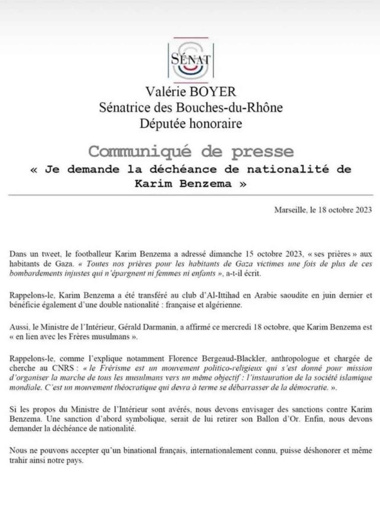 Comunicado de prensa de Valérie Boyer contra Karim Benzema