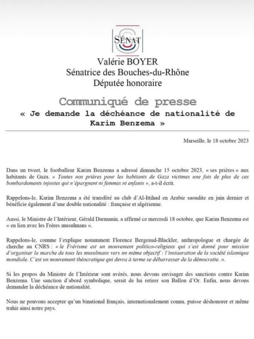 Comunicado de prensa de Valérie Boyer contra Karim Benzema