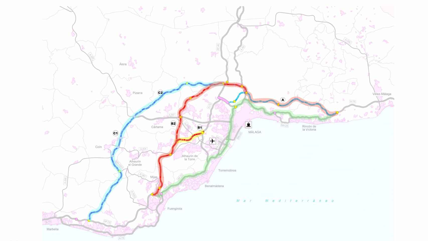 Imagen de una de las propuestas de trazado de la Vía Perimetral de Málaga.