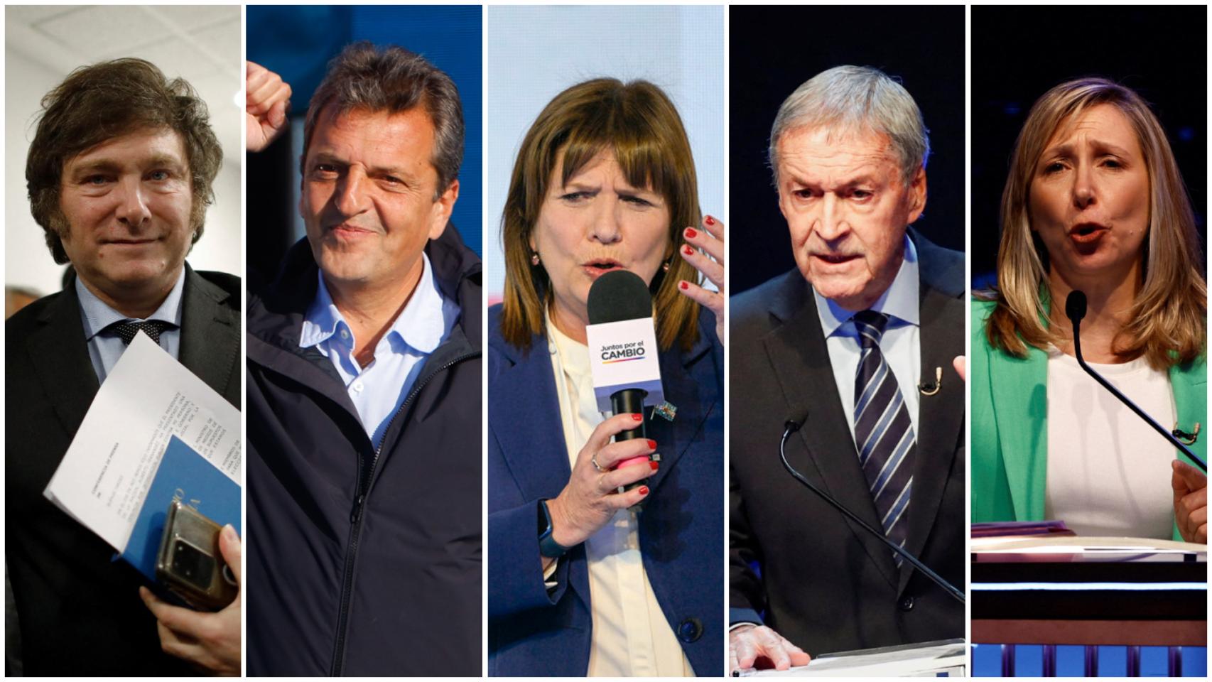 De izquierda a derecha: Javier Milei, Sergio Massa, Patricia Bullrich, Juan Schiaretti y Myriam Bregman.