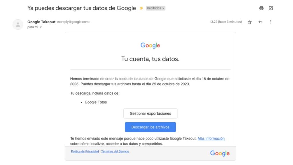 Mail de Google con el enlace de descarga