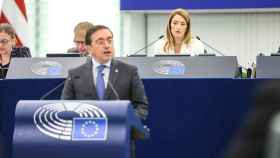 El ministro de Exteriores, José Manuel Albares, durante su discurso de este miércoles en la Eurocámara