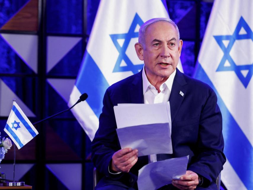 El primer ministro israelí, Benjamin Netanyahu, durante su reunión con Joe Biden en Tel Aviv este miércoles.