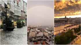 Tarde de locos en A Coruña: Diluvio, arcoíris y atardecer en llamas
