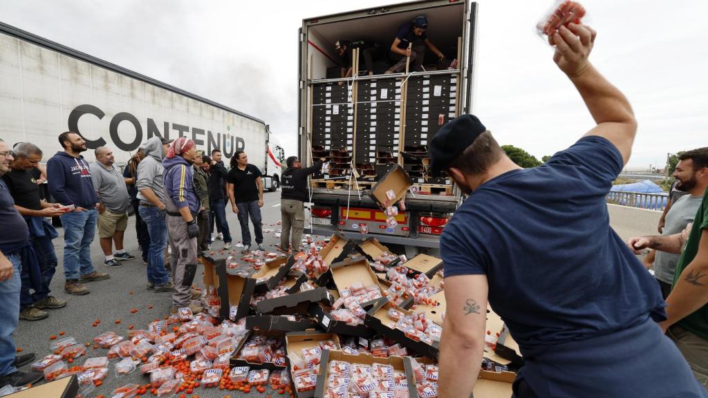 Los viticultores franceses destrozando los tomates que transportaba un camión español.