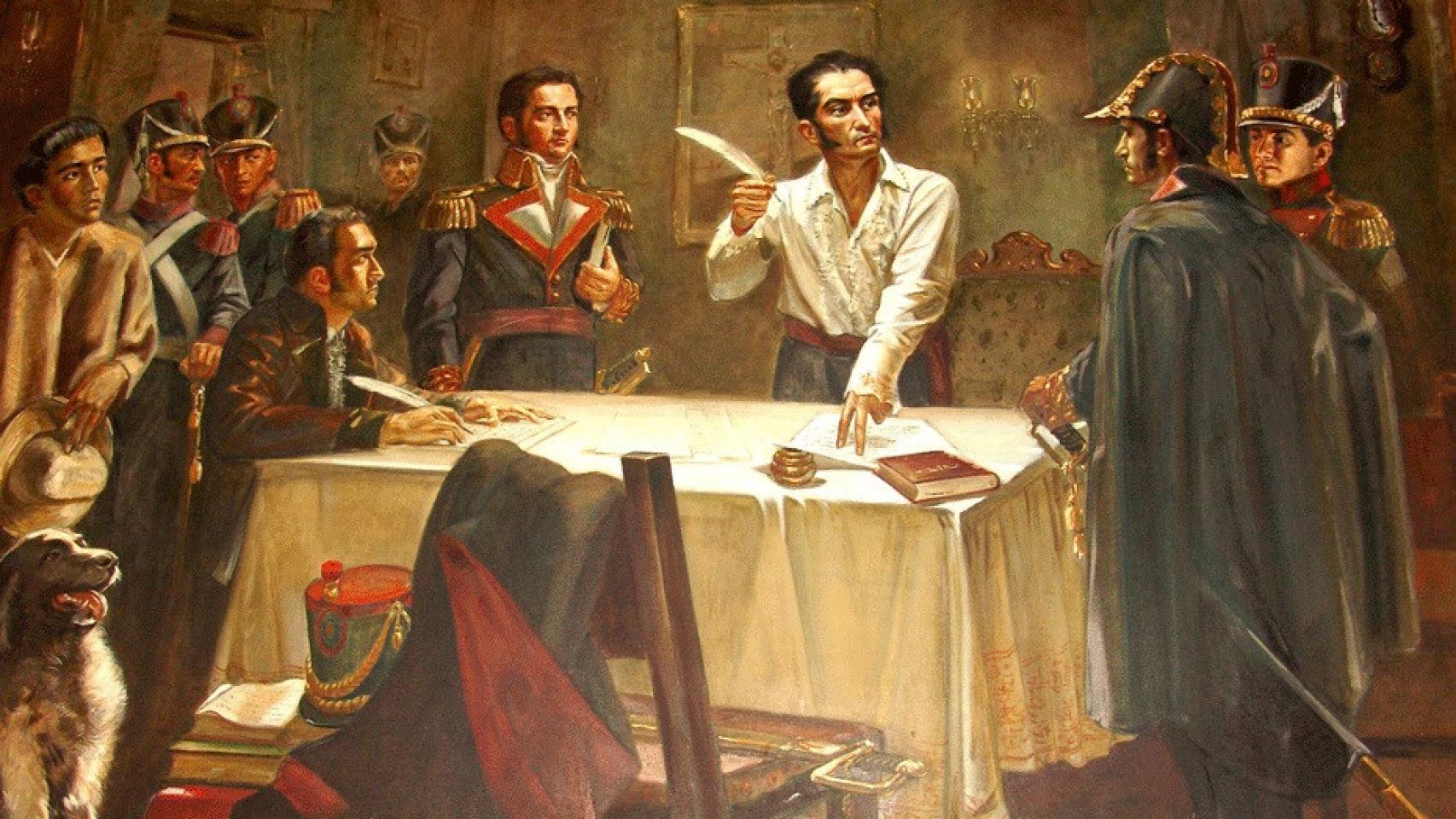 Simón Bolívar firmando el decreto de Guerra a Muerte