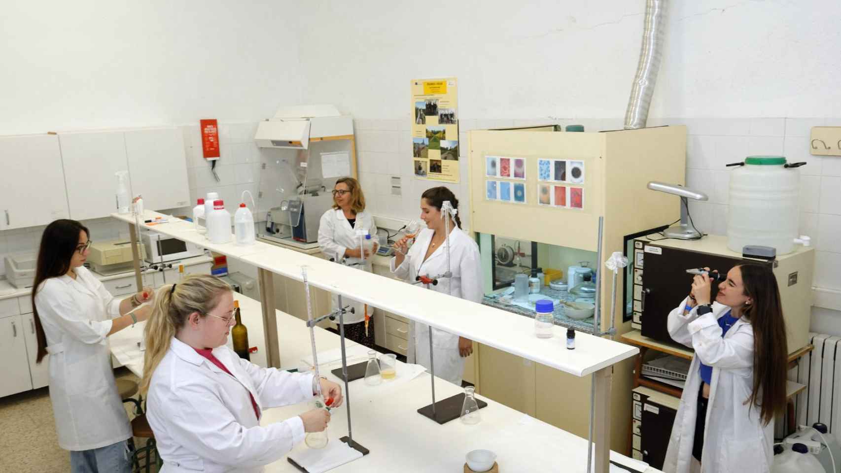 Cuatro alumnas aprendiendo la FP en el laboratorio del IES Joaquín Costa de Cariñena (Zaragoza).