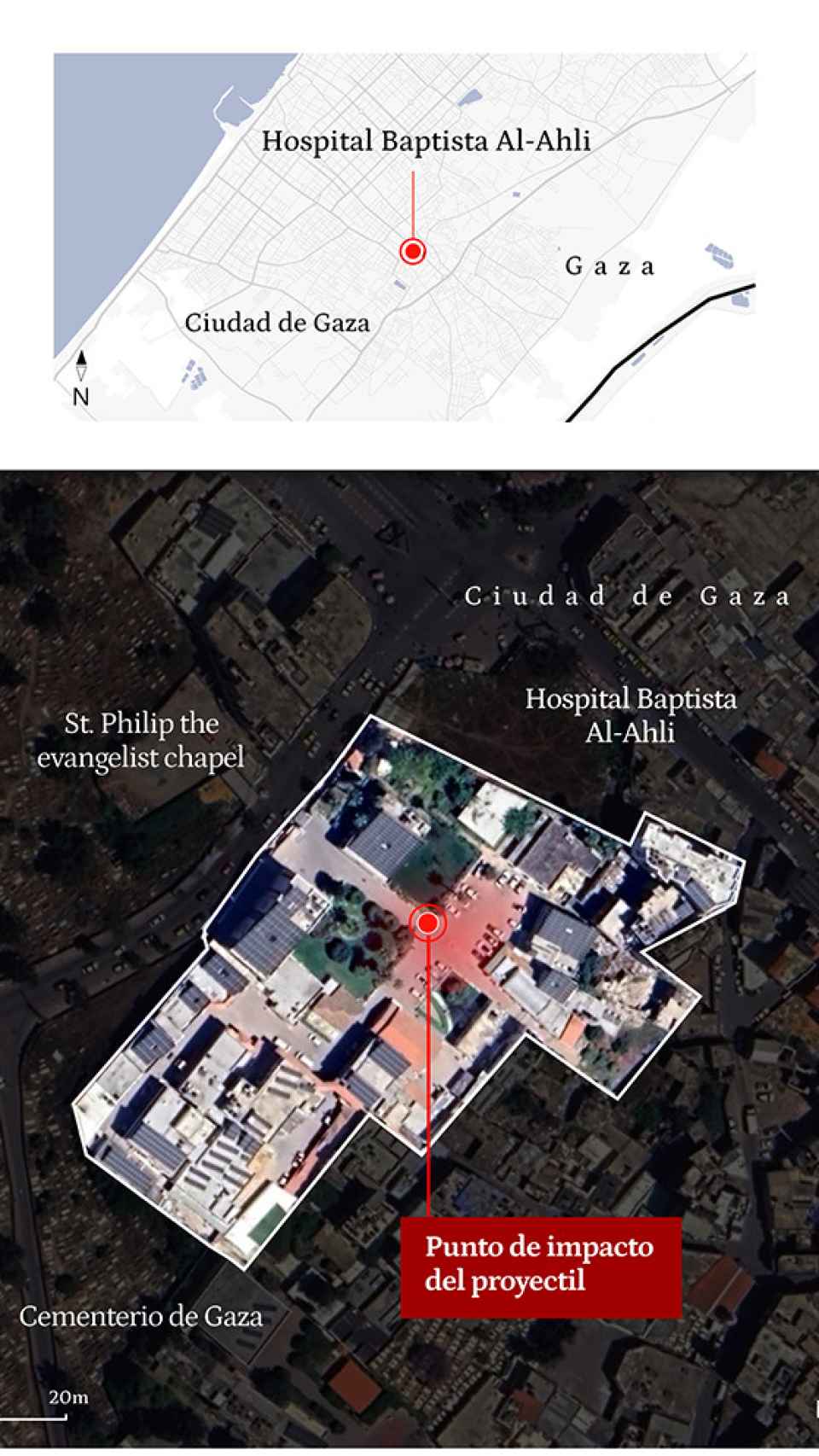 Mapa de la localización del Hospital Baptista Al-Ahli en la ciudad de Gaza. Fuente: Elaboración propia.