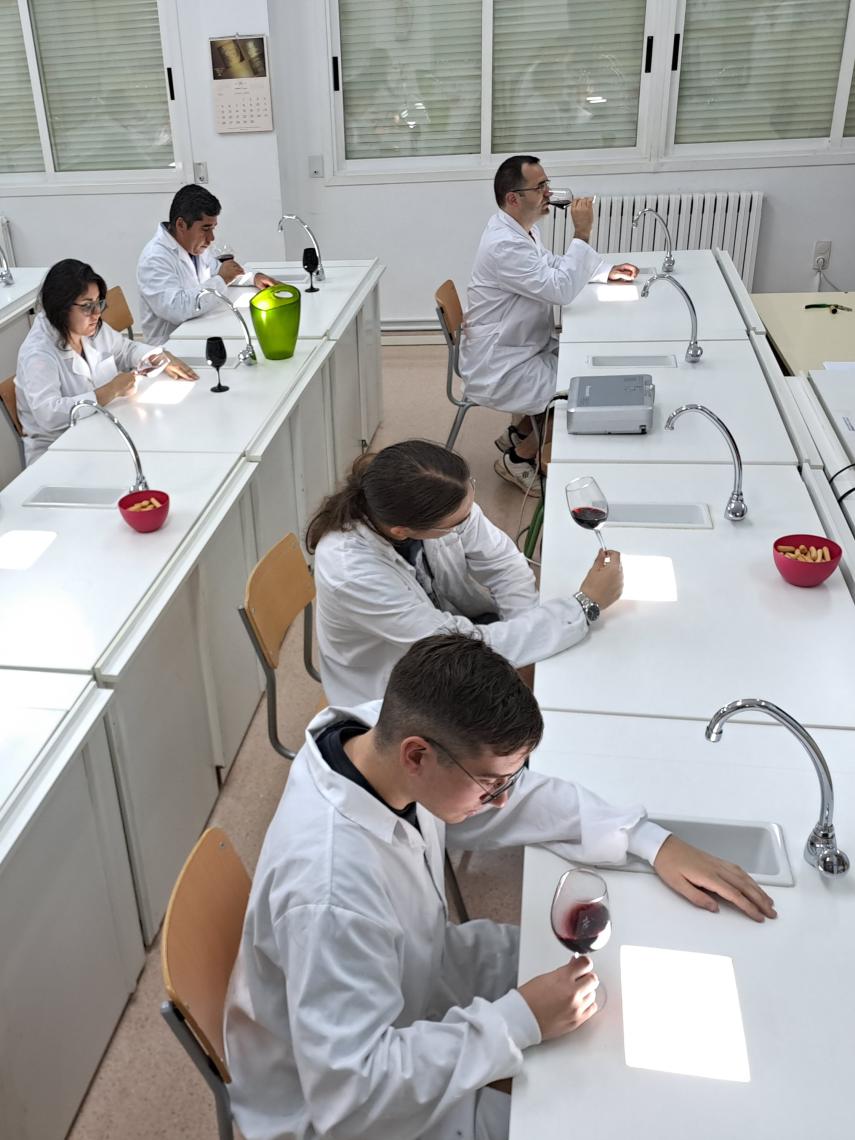 Alumnos de la FP, en un aula del IES Joaquín Costa de Cariñena, aprendiendo a analizar vino.