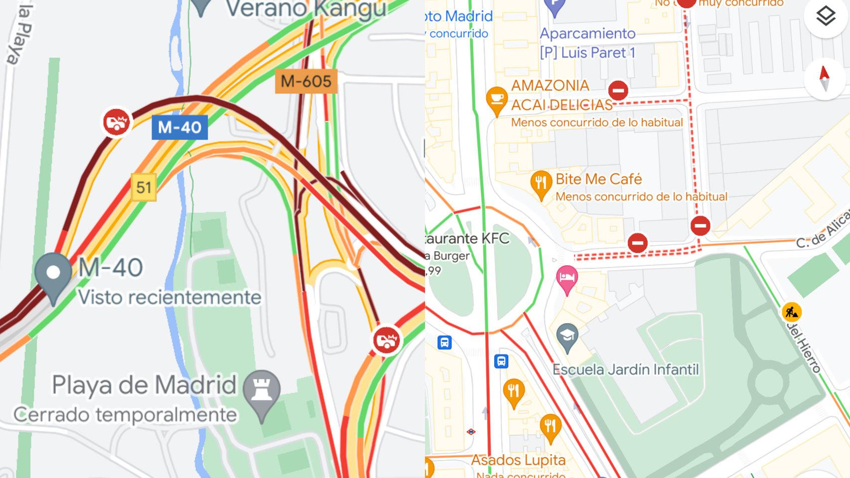 Google Maps es capaz de mostrar accidentes (izq) y calles cortadas (der) en tiempo real