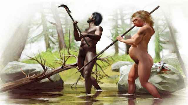 Una pareja de mujer neandertal y hombre 'Homo sapiens'.