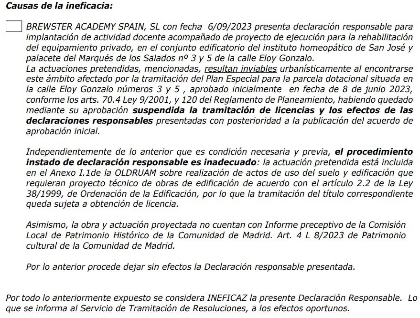 Resolución de la Agencia de Actividades del Ayuntamiento de Madrid donde ordena el cese de la actividad del colegio.