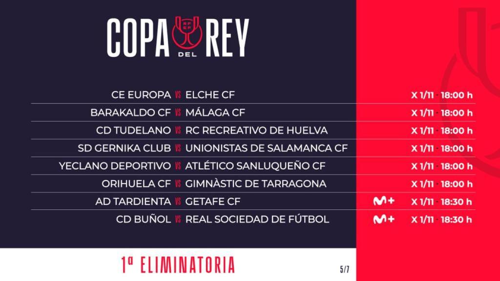 Tabla con las fechas y horario de varios de los primeros partidos de la Copa del Rey.