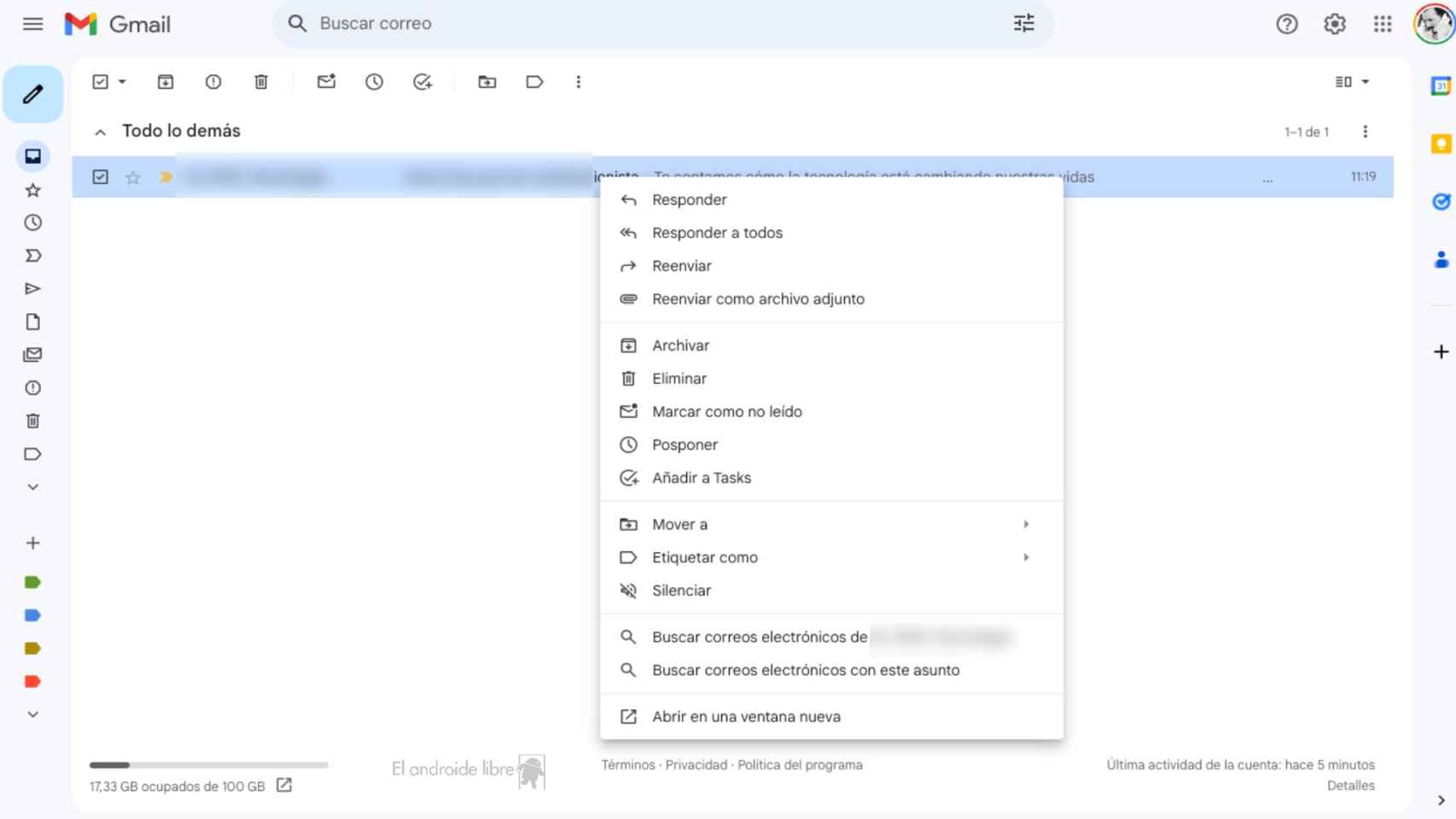 Botón secundario del ratón en Gmail