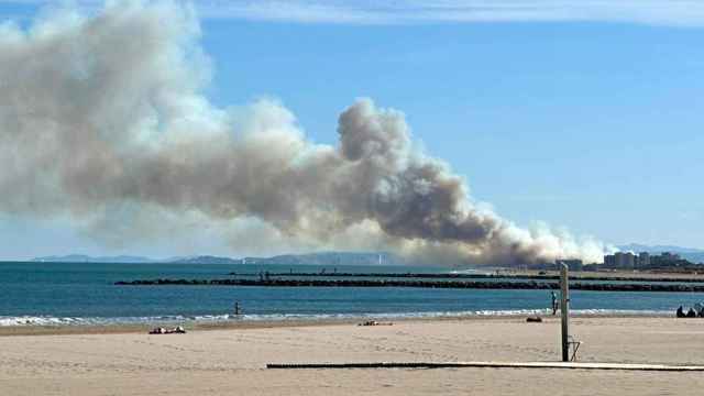 Vista de la columna de humo del incendio de El Saler desde la playa de Pinedo. GA