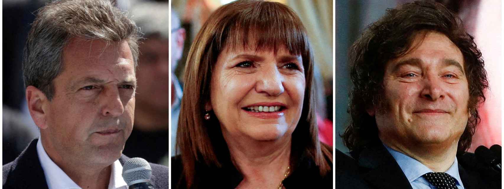 De izquierda a derecha; Sergio Massa,  Patricia Bullrich y Javier Milei, candidatos a la Presidencia de Argentina.