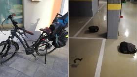 Imagen de la bicicleta robada (izq.), y el estado del garaje tras el robo (dcha.)