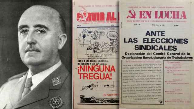 A la izq., el dictador Franco. A la derecha, primeras páginas de los periódicos clandestinos 'Servir al pueblo' (enero de 1975) y 'En lucha' (25 de marzo de 1975)