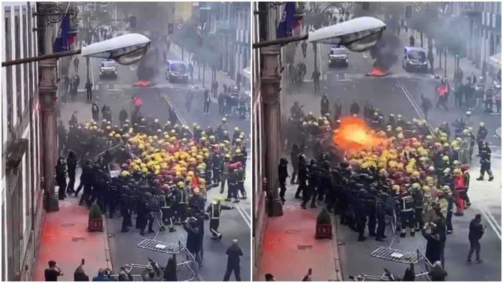 Imágenes de las protestas de los bomberos comarcales y su enfrentamiento con los antidisturbios.