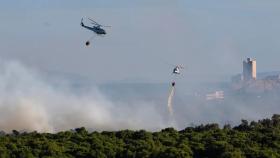 Cuatro medios aéreos, junto a bomberos forestales y del Ayuntamiento de Valencia, durante las labores de extinción del incendio de la Devesa del Saler. Efe / Biel Aliño
