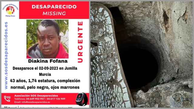 El cartel de Diakina Fofana, junto al pozo en el que ha sido localizado su cadáver.