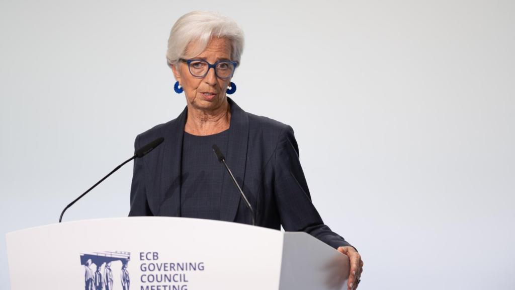 La presidenta del BCE, Christine Lagarde, durante la rueda de prensa de este jueves en Atenas