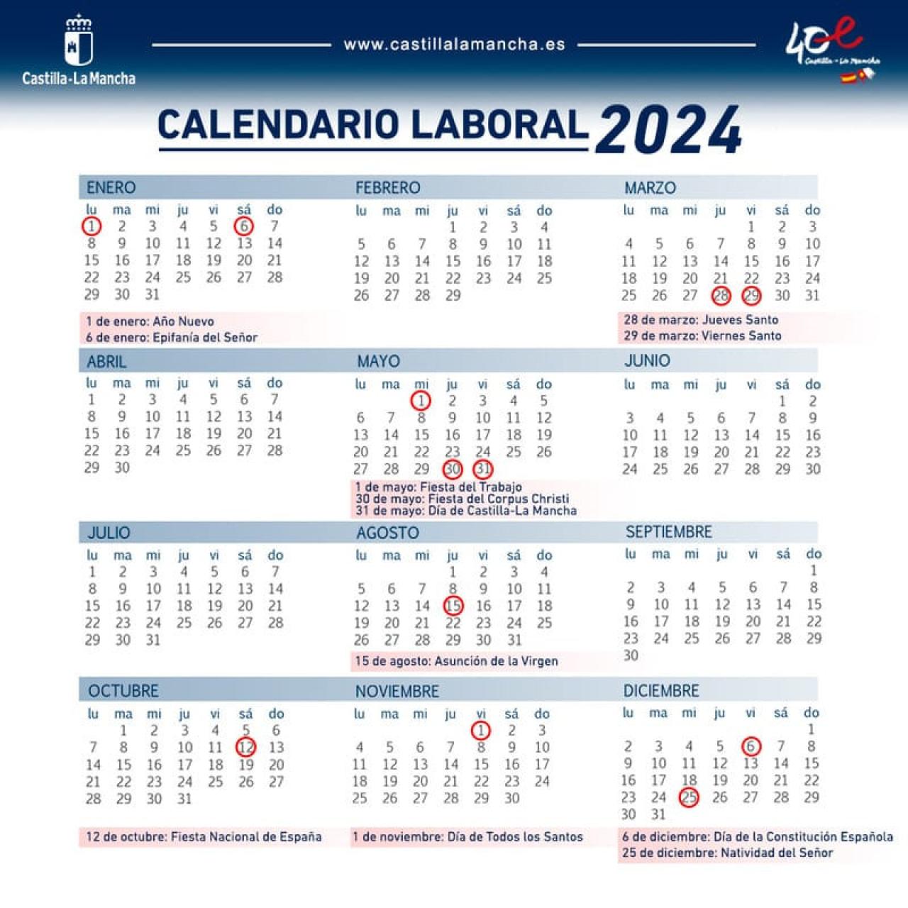 Calendario laboral de 2024 en Castilla-La Mancha