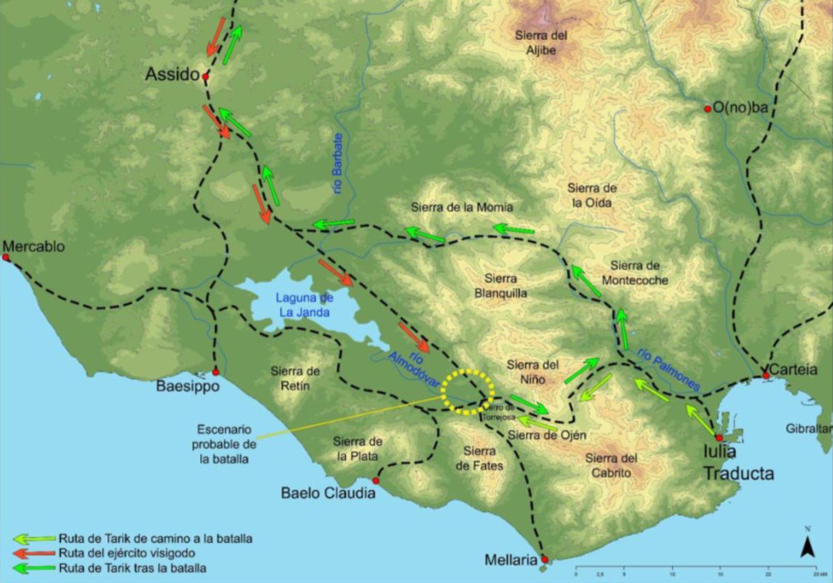 Mapa con los hipotéticos movimientos de tropas y escenario de la batalla.