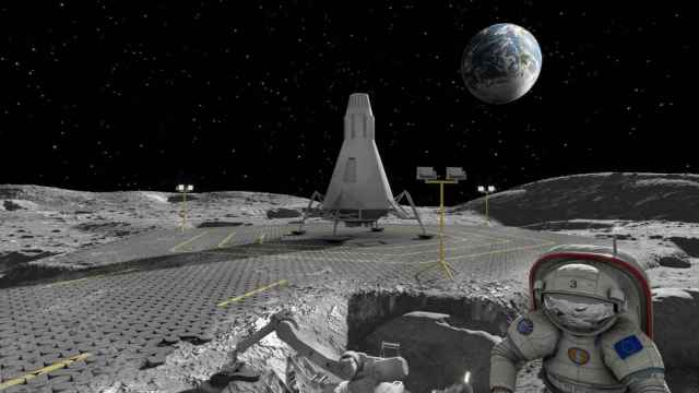 Modelo renderizado de ina carretera pavimentada y una plataforma de aterrizaje en la superficie lunar.