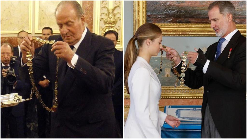 El rey impone a título póstumo a Adolfo Suárez el collar de la Orden de Carlos III. A la derecha, Leonor recibiendo el collar este martes.
