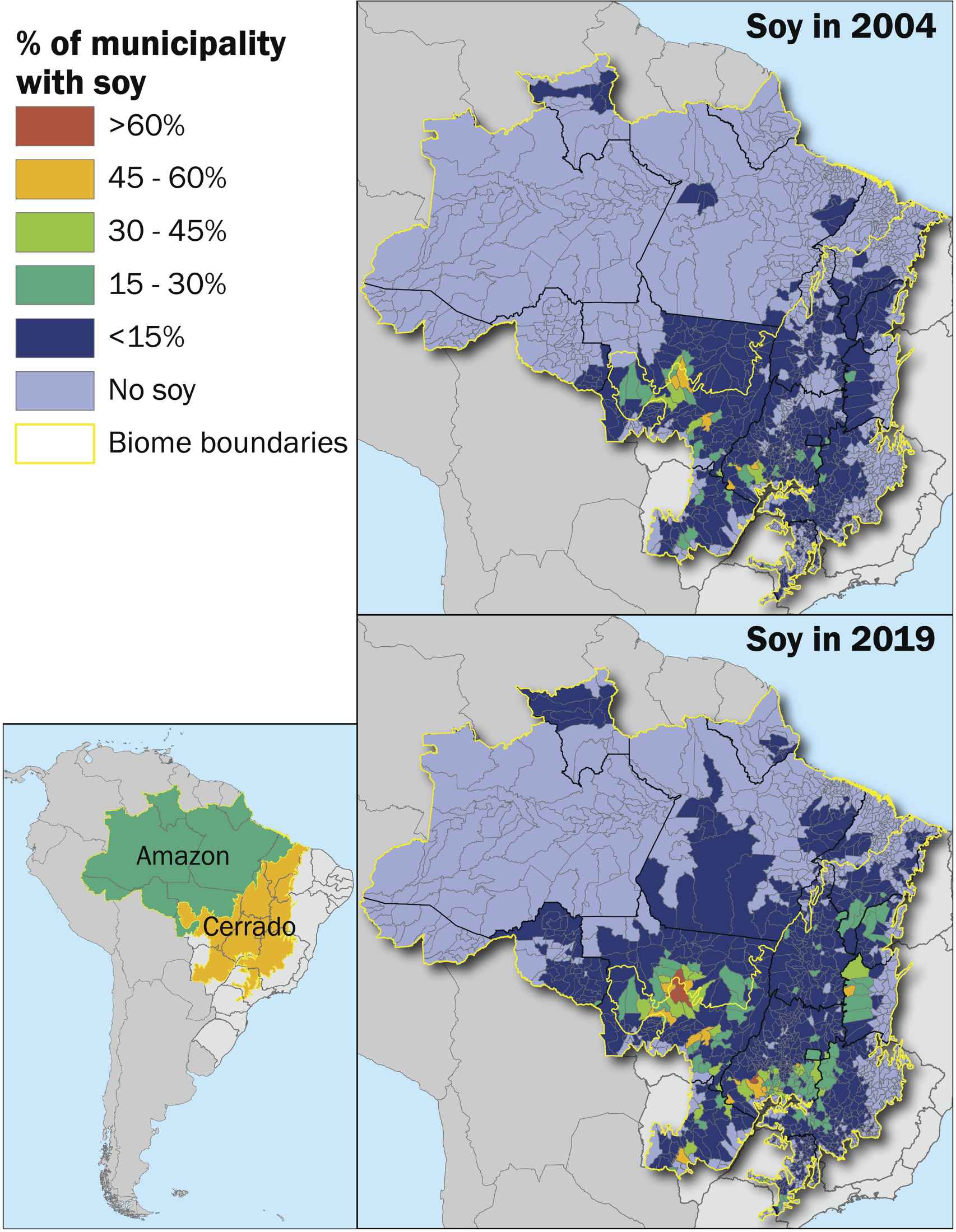 Porcentaje de superficie municipal plantada de soja en 2004 y 2019 en las regiones de Amazonia y Cerrado de Brasil.