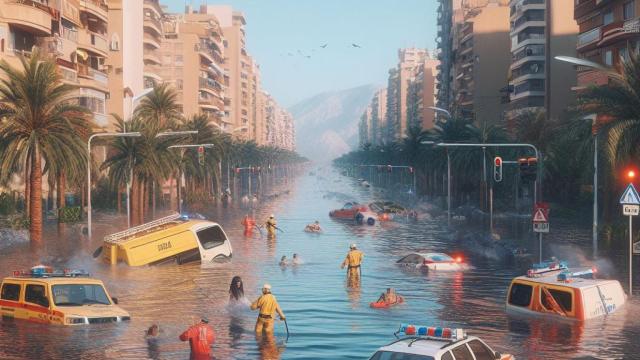 Imagen ficticia creada con IA de una inundación en la ciudad de Benidorm.