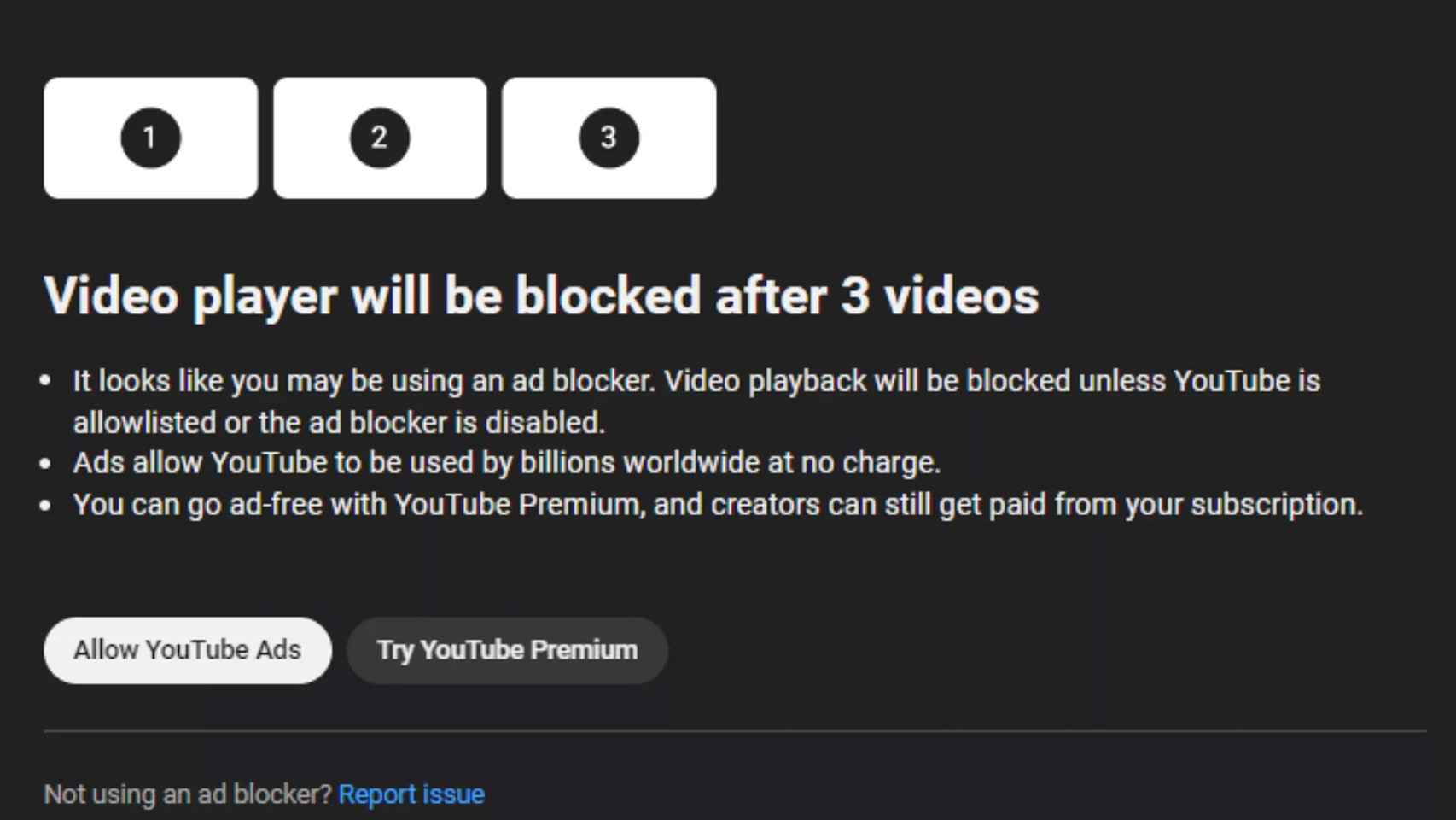 Imagen del bloqueo del reproductor de YouTube con el aviso