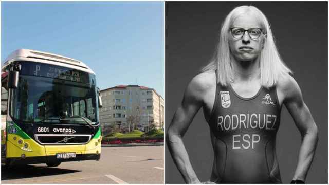 A la izquierda, un autobús de Vitrasa, a la derecha, la deportista Susana Rodríguez.