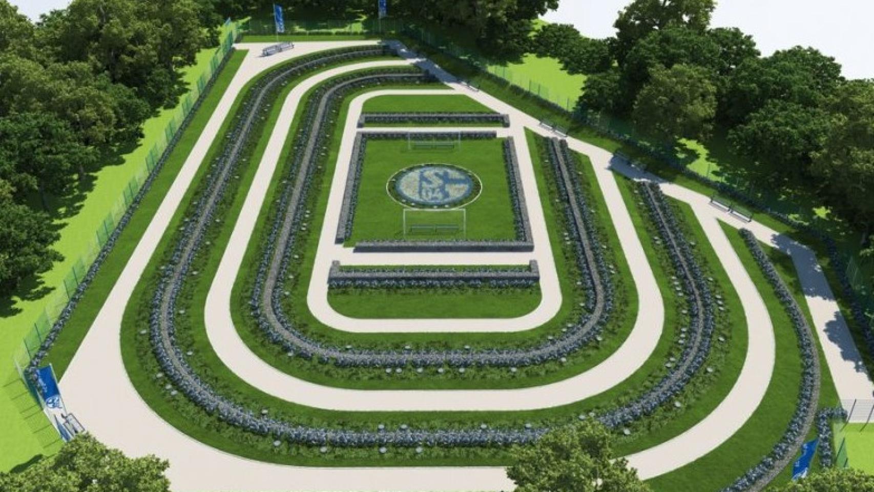 Imagen del cementerio del Schalke, con un pequeño campo de fútbol en el centro.