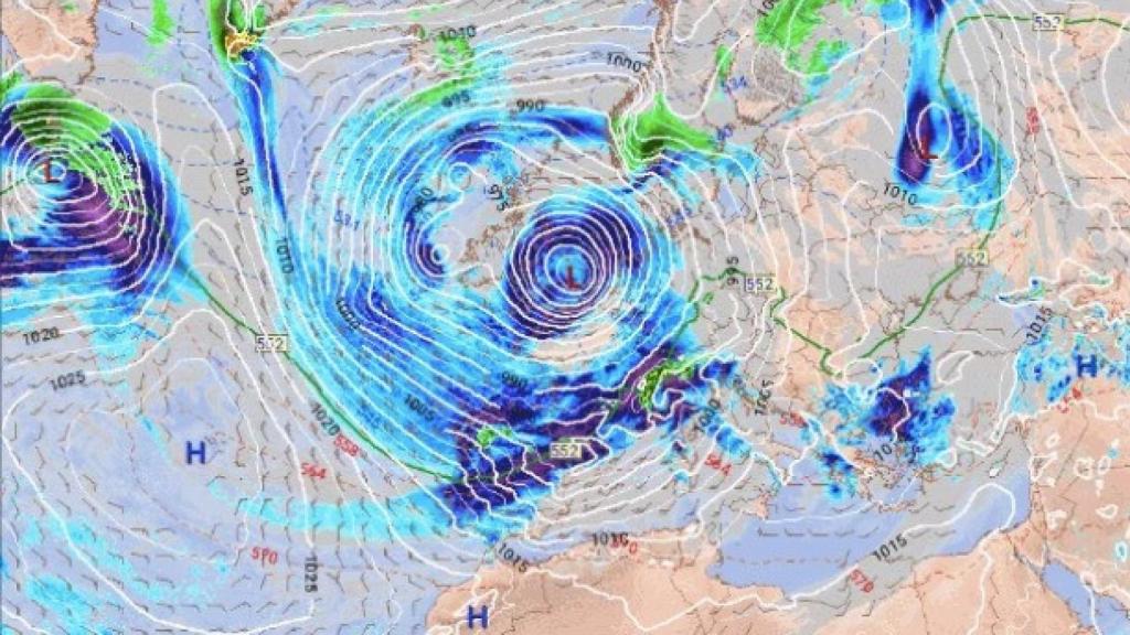 Mapa del paso de la borrasca Ciarán sobre Europa y la península Ibérica.