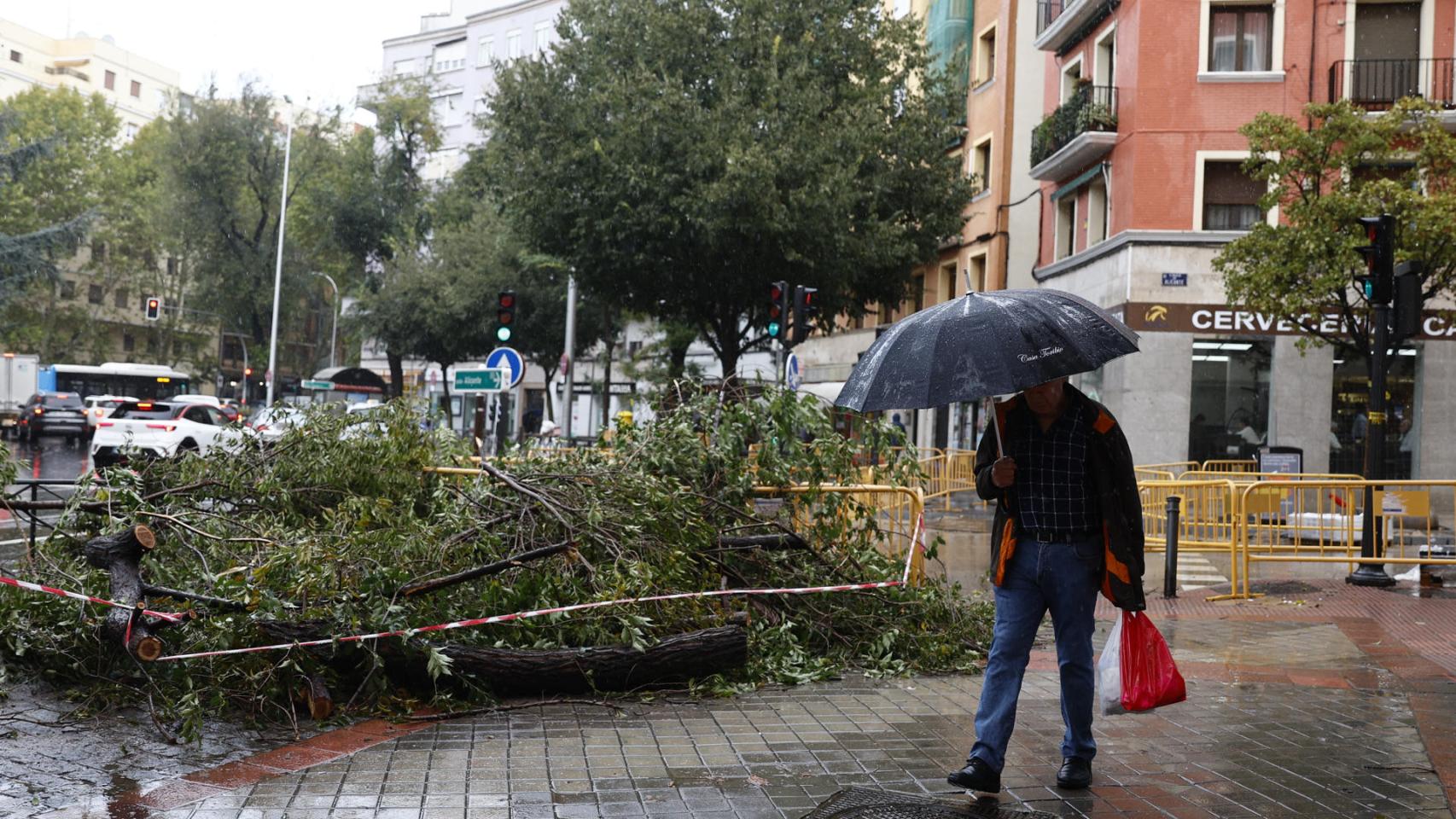 n precinto rodea las ramas caídas en la calle Alicante con Embajadores, efecto en Madrid del fuerte viento provocado por 'Ciarán'.