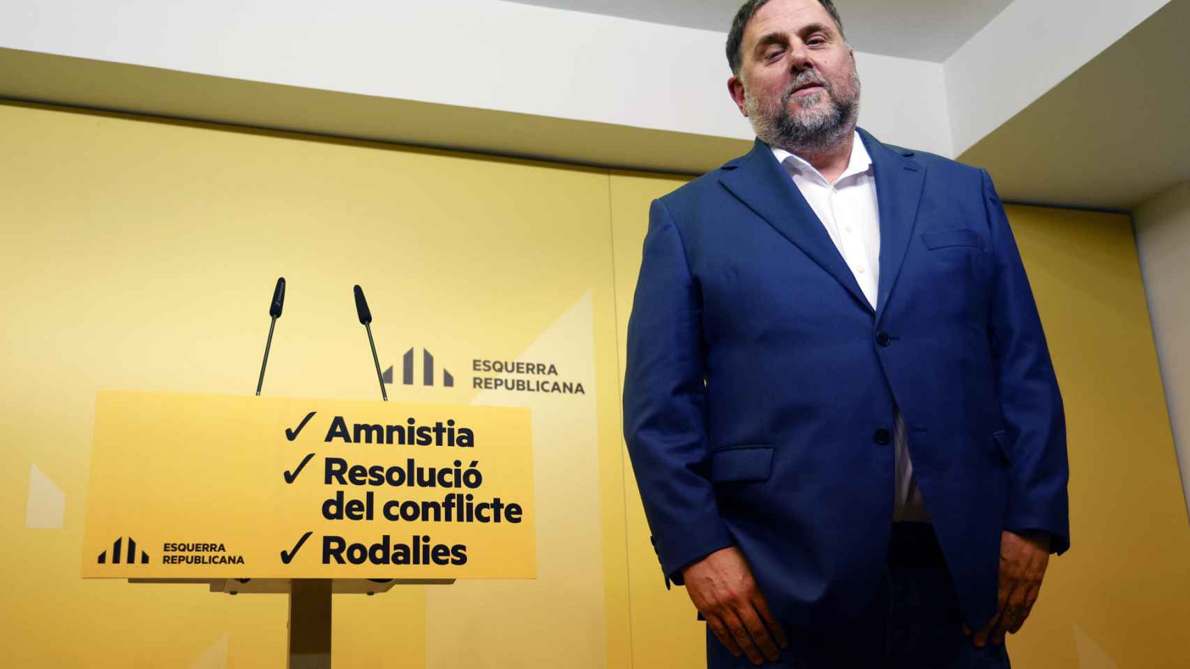 El líder de ERC, Oriol Junqueras, durante la rueda de prensa ofrecida este jueves en la sede de ERC.