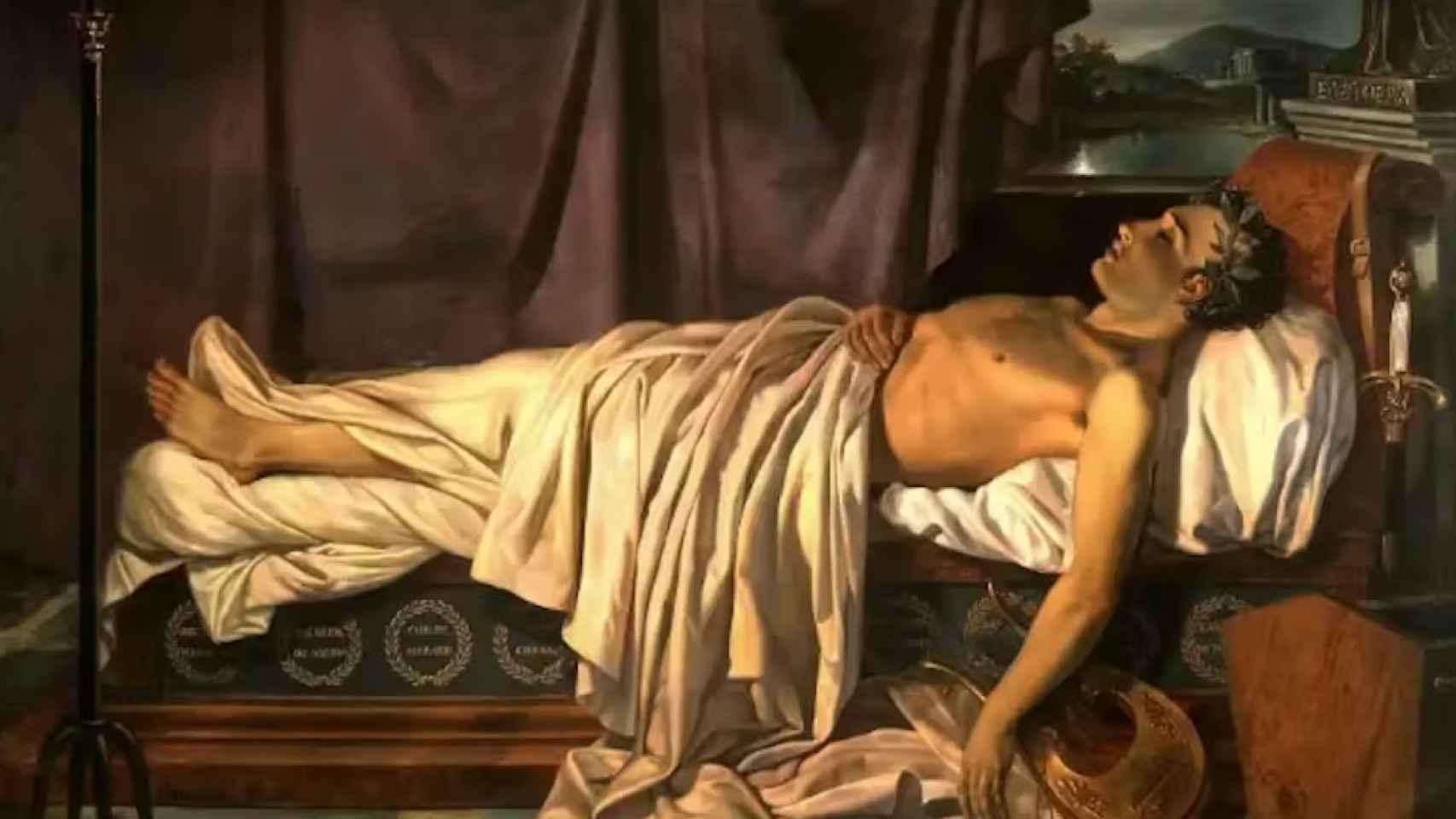 Lord Byron, en su lecho de muerte. Cuadro de Joseph Dionysius Odevaere (1775-1830).