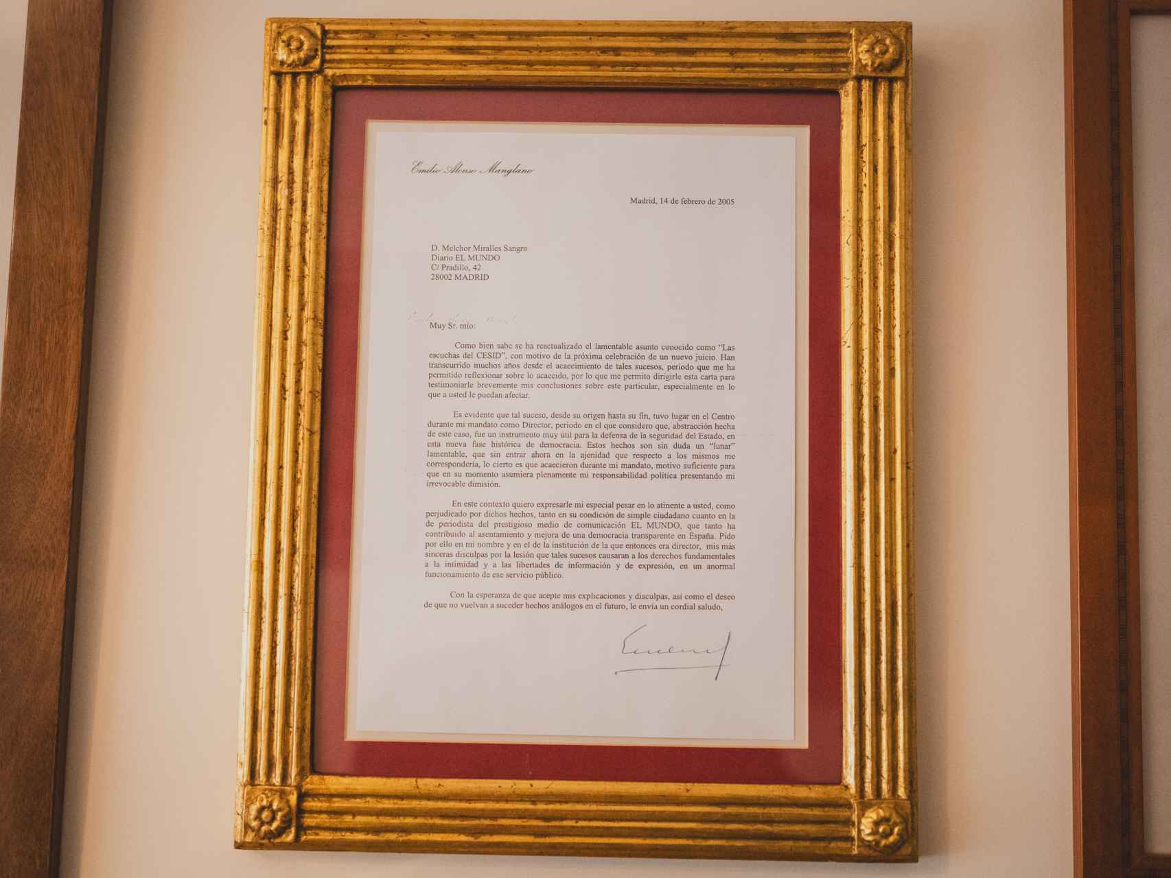 La carta de disculpas enviada por Manglano a Melchor Miralles.