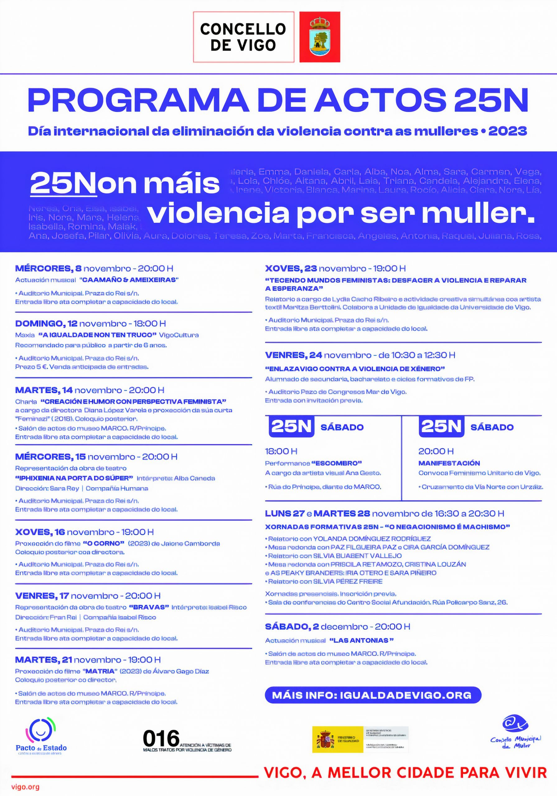 Programa del 25N, no más violencia por ser mujer. Fuente: Concello de Vigo.