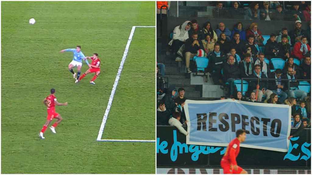 Imagen del penalti no señalado al Celta y de una pancarta en la grada de Balaídos.
