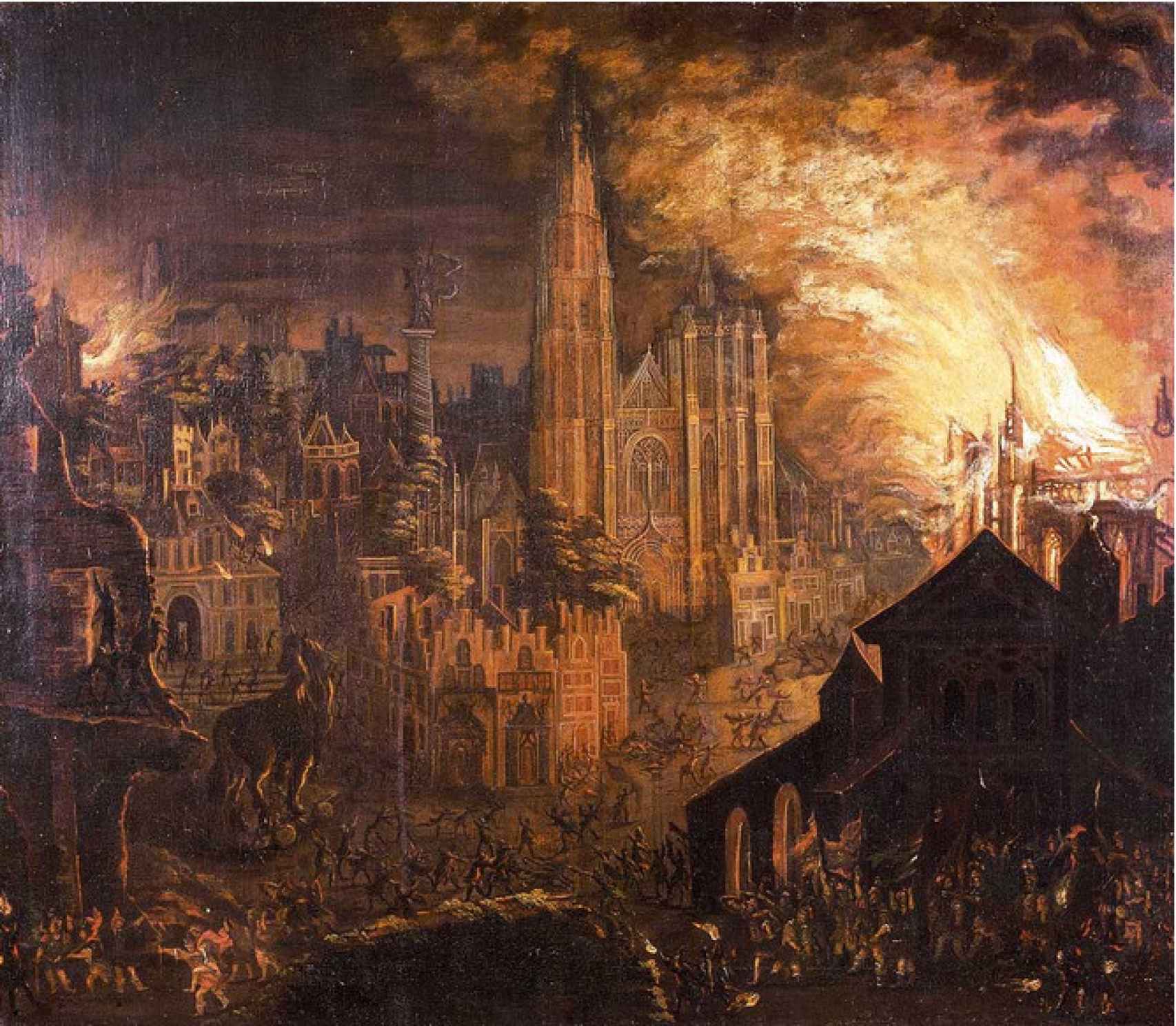'Ciudad de Antwerp en llamas con un Caballo de Troya. Furia española de 1576'. S. XVII
