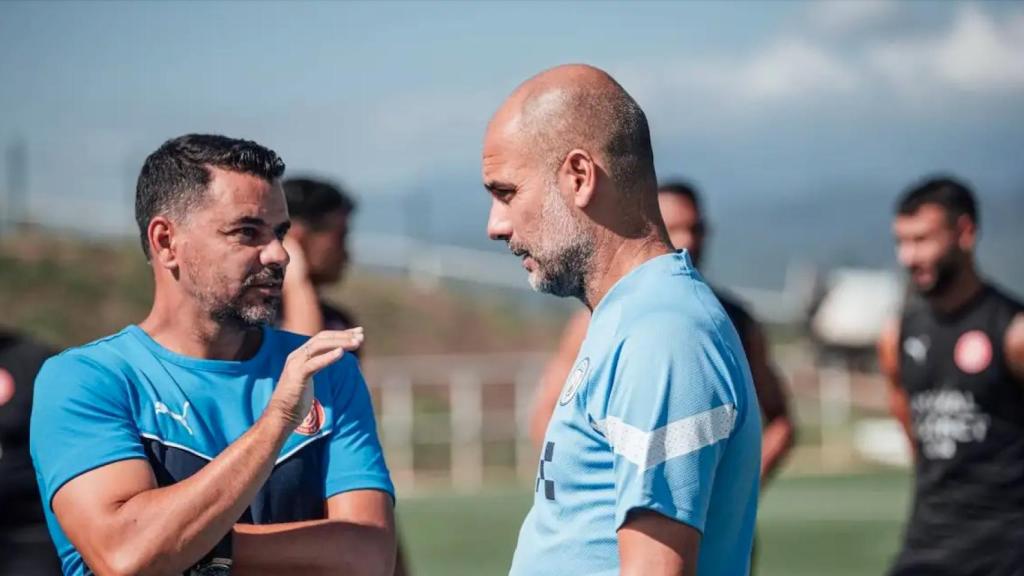 Míchel y Pep Guardiola, durante un entrenamiento