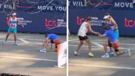 El momento en el que Adam Kszczot es ayudado en el Maratón de Nueva York.