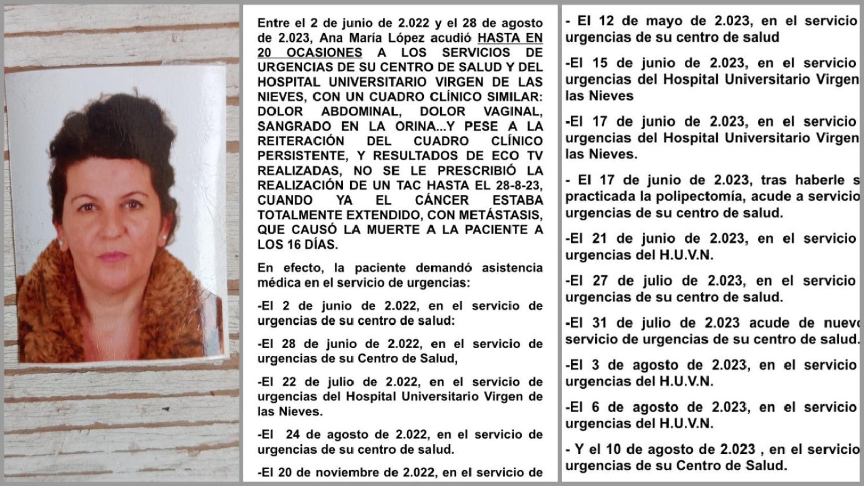 La difunta Ana María López Bosch, junto al listado de veces que acudió al servicio de urgencias del centro de salud de Atarfe y del Hospital Virgen de las Nieves.