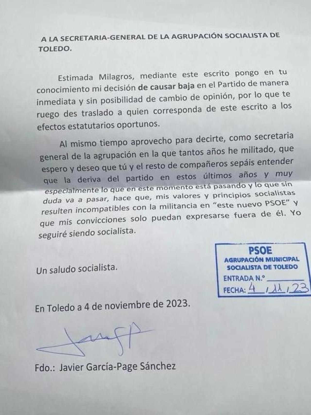 Carta de renuncia de Javier García-Page
