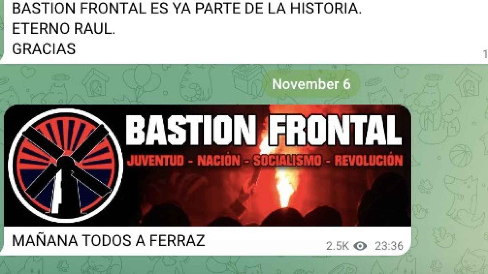 Captura del mensaje de Bastión Frontal en su canal de Telegram.