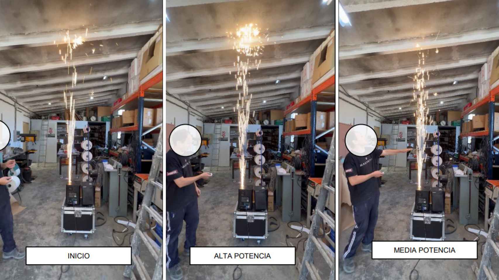 Un técnico analizando junto a la Policía Nacional la máquina de fuego frío empleada en la Discoteca Teatre.